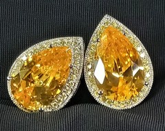 Huge Elegant Pear Cut Canary Yellow CZ Pierced Earrings Gala