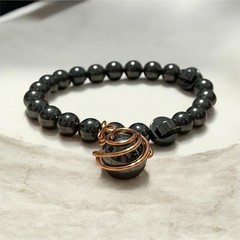 Black Hematite Round Stone Bead Bracelet /Copper Wire-Wrapped Dangle Bracelet