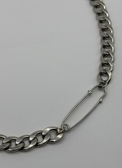 Chunky Silver-Tone Cuban Link Chain Necklace W/Faux Safety Pin Accent Adjustable