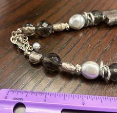 Heavy black, gray, & silver tone chunky beaded necklace: lobster closure w/ ext