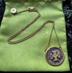 Tory Burch Gold Plated Round Logo Medal Pendant Cable Chain Necklace Purple