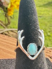 Silver Tone Cocktail Ring Size 6 Oval Bezel Blue Turquoise Stone Rhinestone