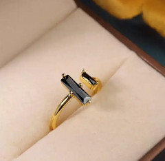 Black Obsidian Bar Ring 18K Gold Dainty Minimalist Healing Women Open Size Ring