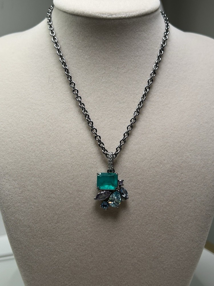 Hematite plated Cable Chain Necklace with Green Blue Cluster Rectangular Pendant