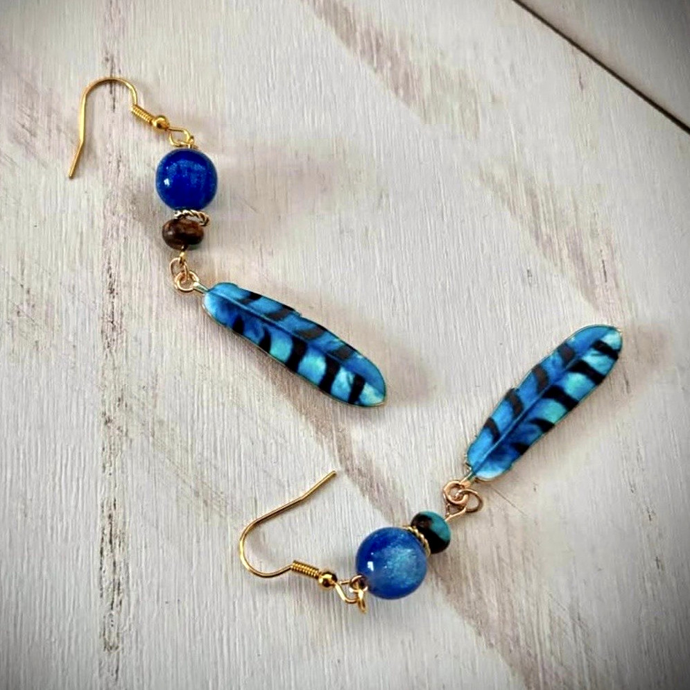 Blue sand Stone Beaded Dangle Drop Earrings Hook Closure Teardrop, Owl Feather