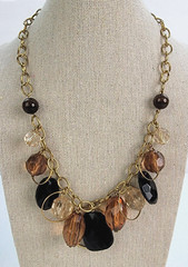 Gold Tone Black Amber Clear Bead Dangle Charm Necklace 20 in Vintage