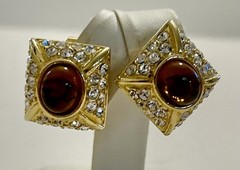 Square Gold Toned Earrings With Clear Rhinestones & Amber Center Stone