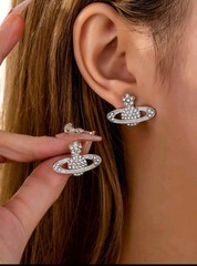 Celestial Crystal Statement Earrings, Saturn, Orb, Flower Accents Silver Pair