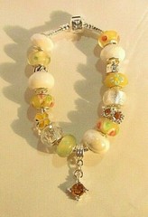 Yellow & White Murano Glass Bead & Crystal Silver 7.5″ Charm Bracelet (#1380)NEW