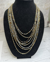Layered Multi-Strand Gold Tone Cable Chain & Glass Beaded Necklace-N155