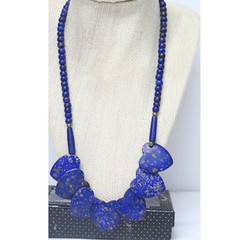 Blue Heart Stone Statement Necklace Beaded Bib Chunky Artisan Boho Jewelry