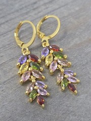 Multicolor Marquise CZ Leaf Dangle Drop Earrings Gold Tone Sparkly 1.5 Inches
