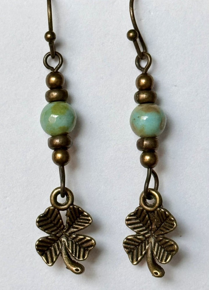 Bronze Four Leaf Clover with Green Bead Earrings. Irish. Lucky.