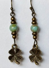Bronze Four Leaf Clover with Green Bead Earrings. Irish. Lucky.