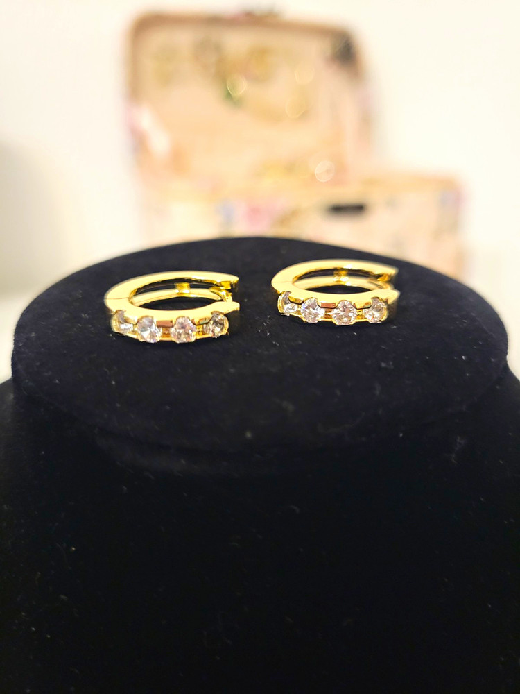 Gold Plated Tone Clear Simulated Cubic Zirconia Prong Set Hinged Huggie Hoops