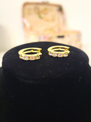 Gold Plated Tone Clear Simulated Cubic Zirconia Prong Set Hinged Huggie Hoops