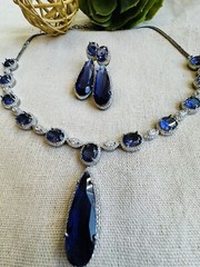 CZ Navy Blue Sapphire Teardrop Gem Bridal Indian Necklace Earring Jewelry Set