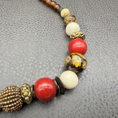 NY Necklace Beaded Statement Chunky Red Gold Cream Brown Floral Beads 16 Inch