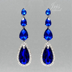 Women Rhodium Plated Blue Crystal Rhinestone Tassel Drop Dangle Earrings 06600