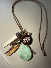 “Chan Luu Braided Cord Charm Necklace Lotus Wood Horn Tooth Feather Gemstone”