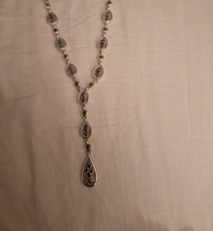 Silver Necklace TRIFARI Crown Logo Silver Black Rhinestones 18″ Necklace Y Drop