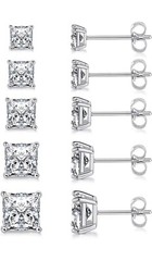 MDFUN 18k White Gold Plated Princess Cut Clear Cubic Zirconia Earrings Pack Of 5