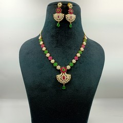 Ethnic 22K Gold Plated Kemp Ruby Emerald & Pearl Necklace Jewelry For Women