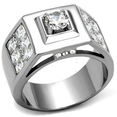 Men’s Ring, Clear CZ, Stainless Steel, Statement, Sparkling, Bold Design