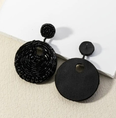 Black Round Beaded Crystal Drop Dangle Beaded Bead Earrings 4.9cmx6.8cm