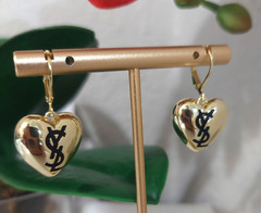 Auth. YVES SAINT LAURENT YSL LOGO Drop Heart Dangle EARRINGS Gold Tone