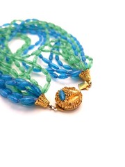 Lucite 12-strand Blue Green Glass Beaded Statement Necklace Gold Tone Box Clasp