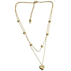 Woman 18K Gold Plated Stainless Steel Heart Charm 2 Layers Chain Necklace