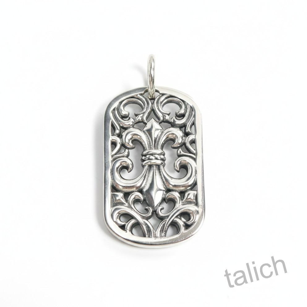 Shiny 925 Sterling Silver Cutout Fleur De Lis Ornate Scrolls Dog Tag Pendant