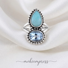 925 Sterling Silver Natural Larimar and Blue Topaz Bypass Ring