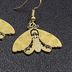 Moth Pierced Earrings Gold tone Yellow Black Enamel Dangle 3/4″