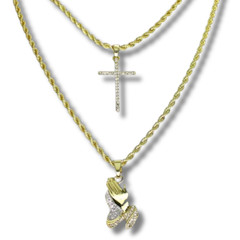 2pc Choker Set Thin Cross + Praying Hands Cz Pendants 14k Gold Plated Hip Hop