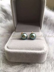 11-12mm AAA Black Green Round Natural Tahitian Pearl Earrings 14K Yellow Gold