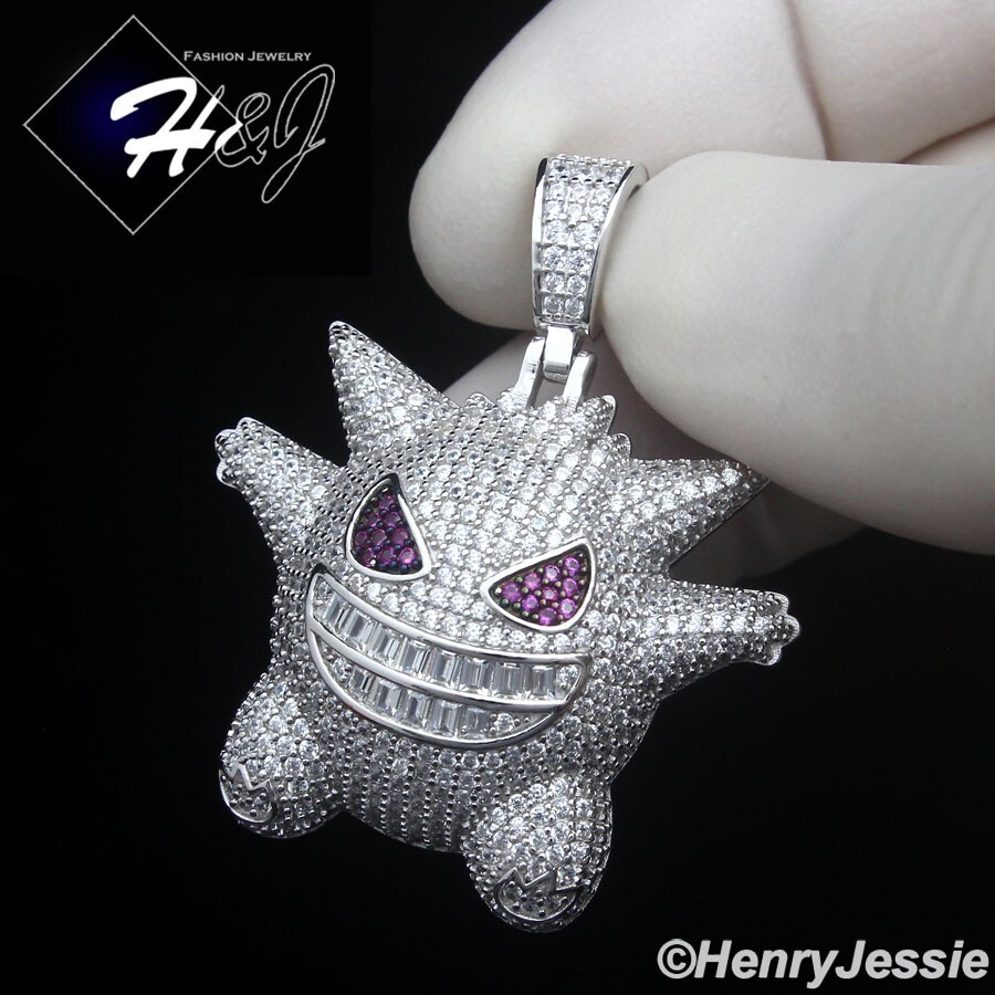MEN SOLID 925 STERLING SILVER ICY BLING CZ 3D HIPHOP POKEMON GENGAR PENDANT*P504