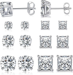 6 Pairs Stud Earrings Set 3Mm/5Mm/7Mm Princess & round Cubic Zirconia Earrings H