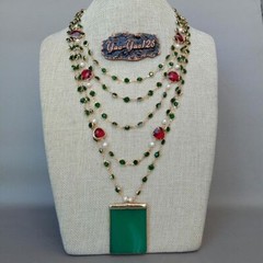 5 Strands 18” White Pearl Green Crystal Chain Necklace Green Agate Pendant