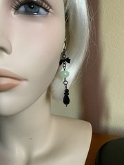 Black & Green Glass Beaded Dangle/Drop Earrings, Hook, Metal, Bow Theme