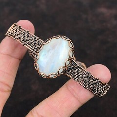 Rainbow Moonstone Wire Wrapped Adjustable Bangle Handcrafted Copper Gift