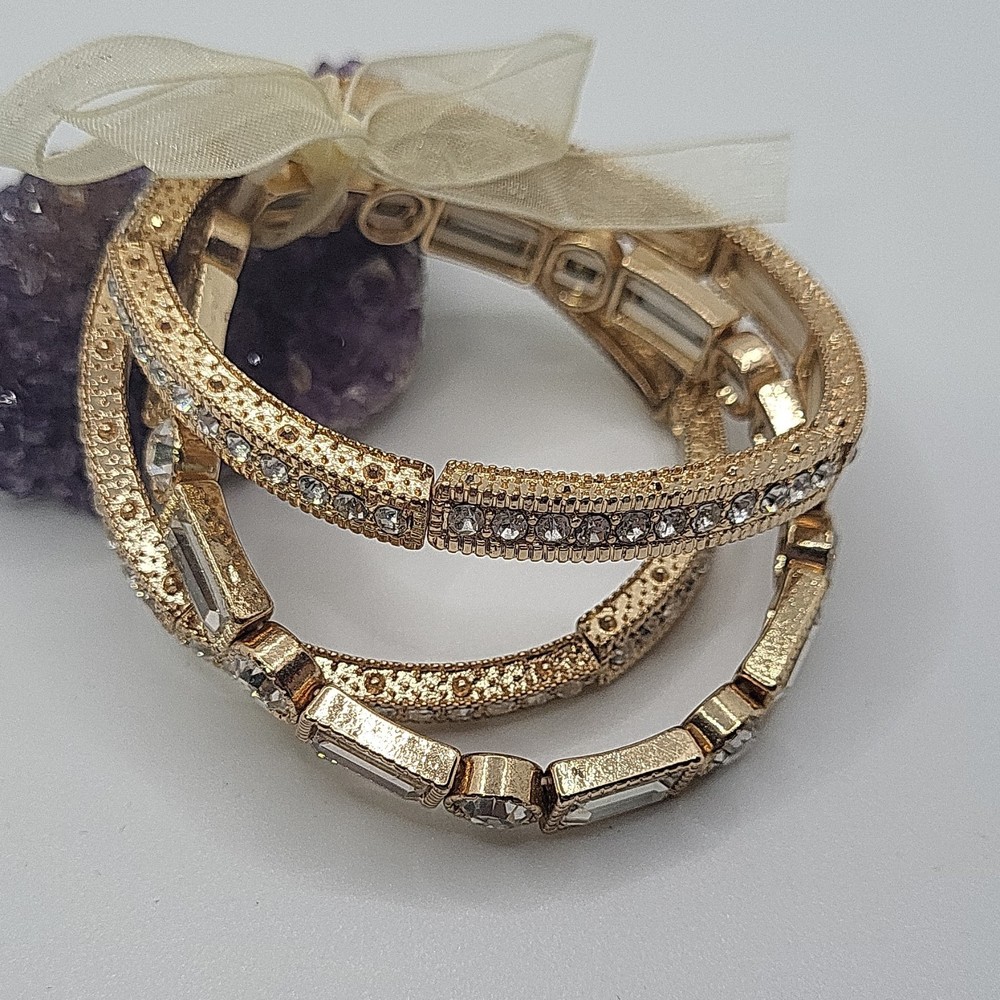 Gold Tone Hinged Bangle Bracelet Set, Stackable Clear Baguette Rhinestones