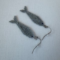 Sardine Earrings, Handmade Beaded Fish Earrings, Coastal Seed Bead Jewelry Gift