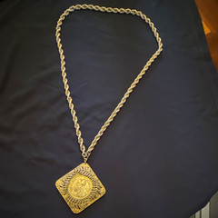 Miriam Haskell Signed Gold Tone Rope Chain Necklace Square Coin Pendant
