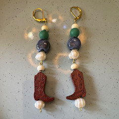 Western Boot Wood Charm Pearl Beaded Dangle/Drop Earrings Gold Tone Leverback