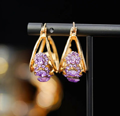 Gold Tone Teardrop Dangle Drop Earrings Leverback Purple Round Rhinestones