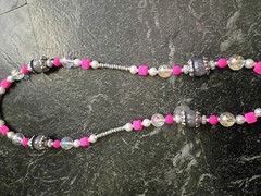 Handmade Beaded Key Charm Necklace Toggle Closure Pink Silver Clear Black Bead