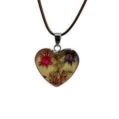 Heart-Shaped Pendant Necklace Pressed Flowers in Resin On 18″ Brown Cord
