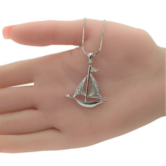Crystal Stud Sailboat Pendant Necklace White Gold